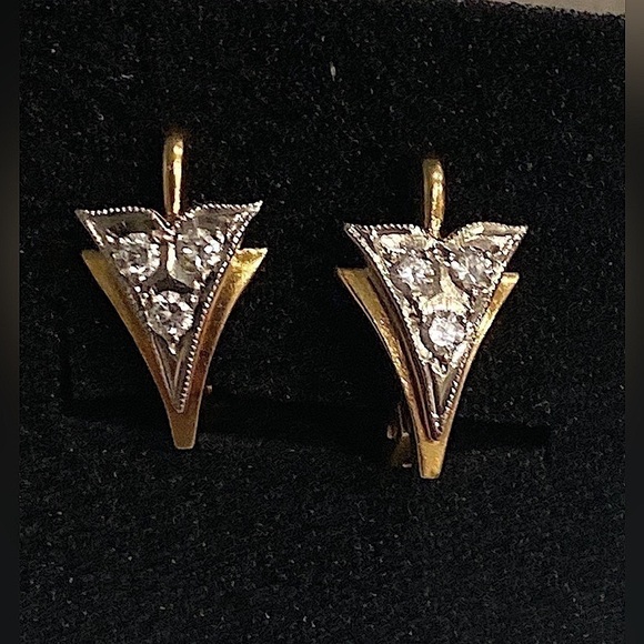 Jewelry - Vintage Russian European 18k Yellow Gold Diamond Earrings Huggies